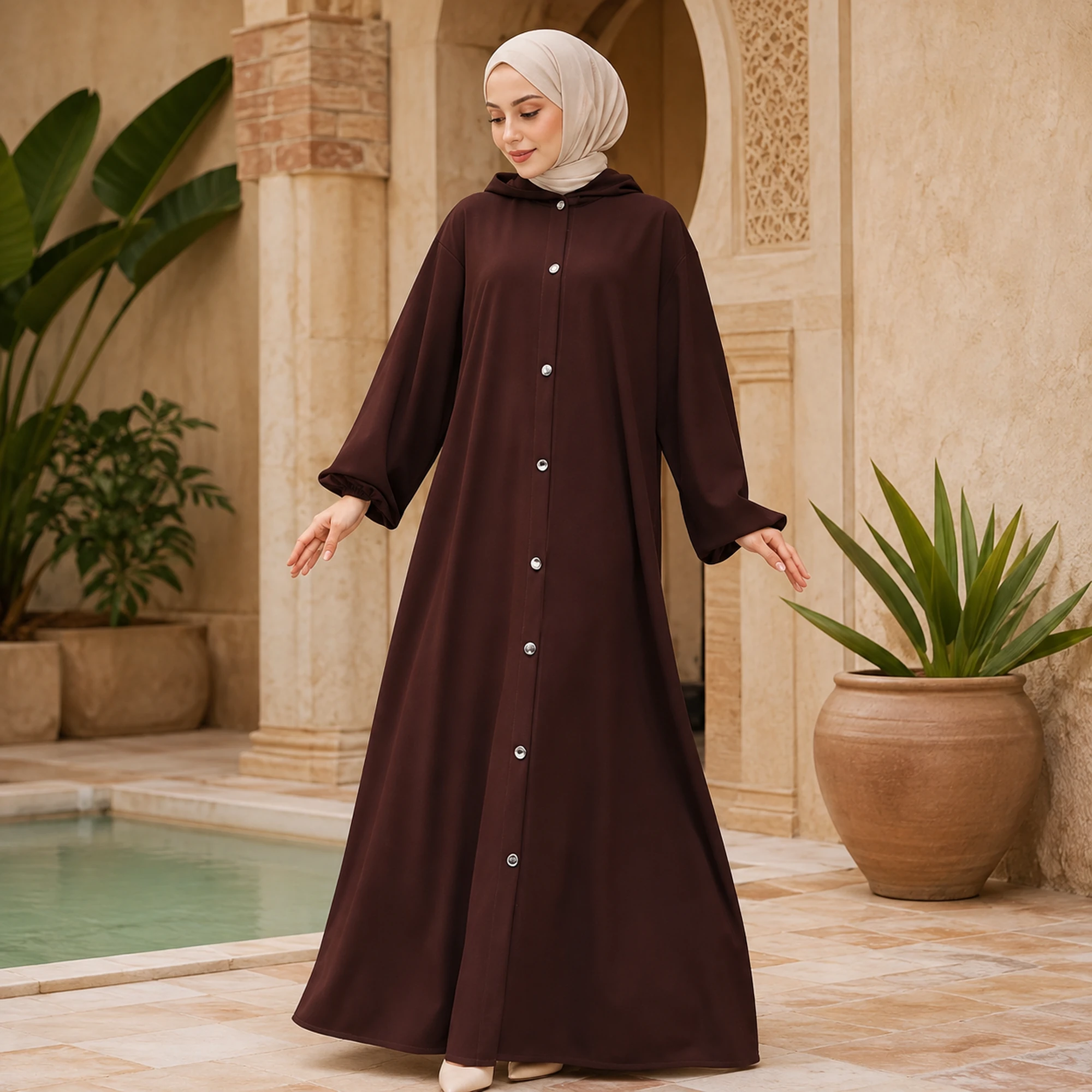 ZAVRYNE Nayra – Kapuzen-Abaya mit Knopfleiste in Schokoladenbraun