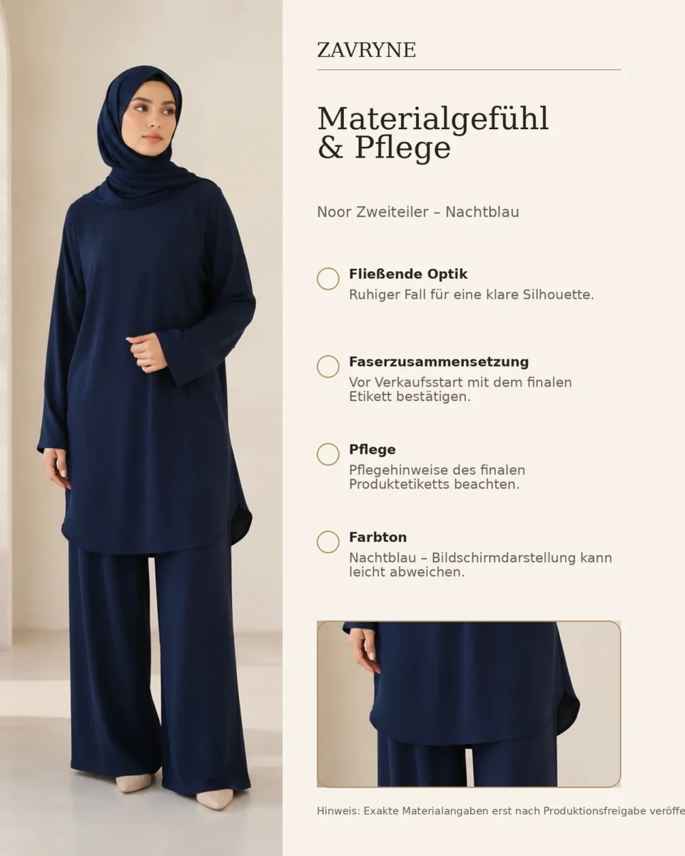 Noor Zweiteiler – Nachtblau – Materialgefühl und Pflege | ZAVRYNE Deutschland