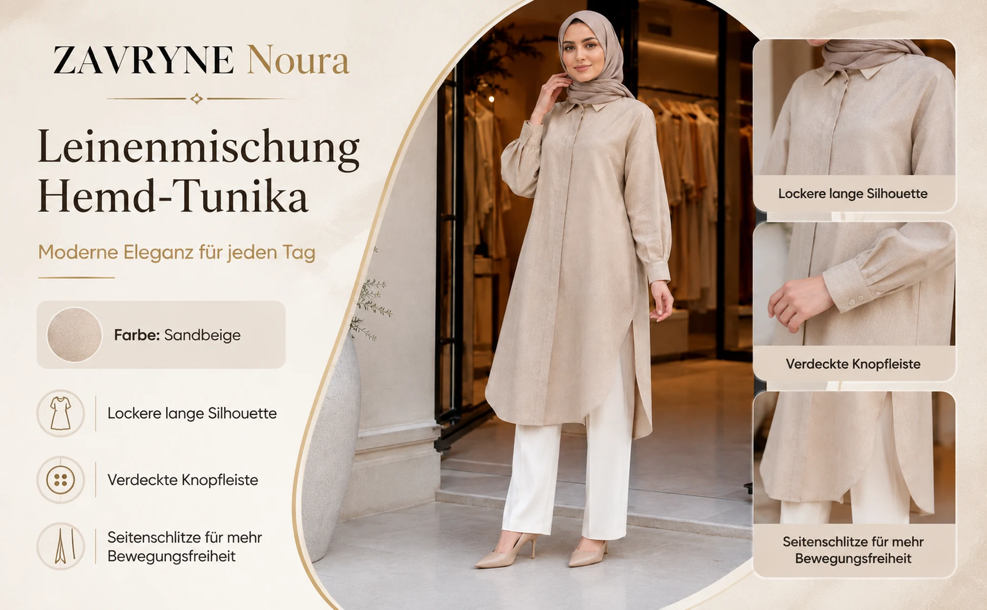 ZAVRYNE Noura – Leinenmix Hemd-Tunika mit verdeckter Knopfleiste
