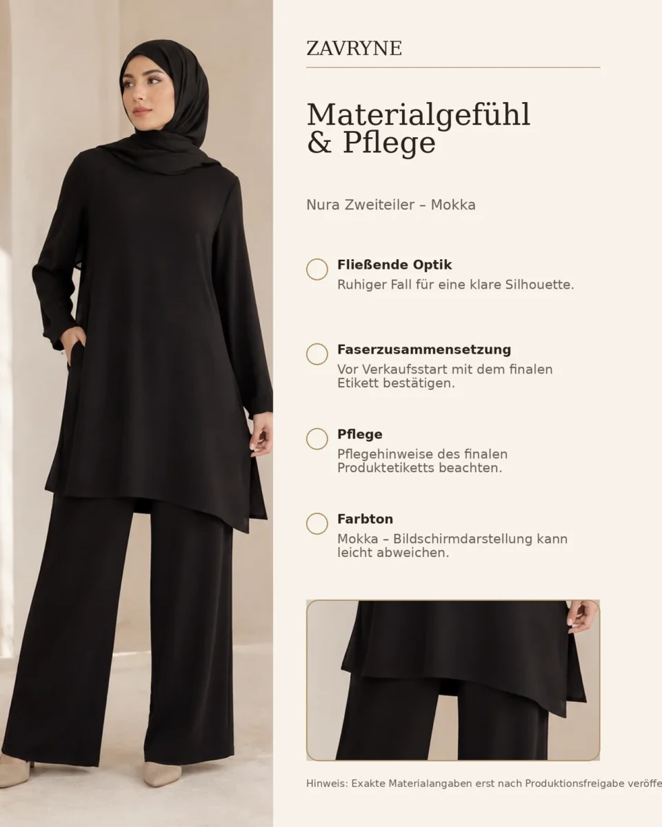 Nura Zweiteiler – Mokka – Materialgefühl und Pflege | ZAVRYNE Deutschland