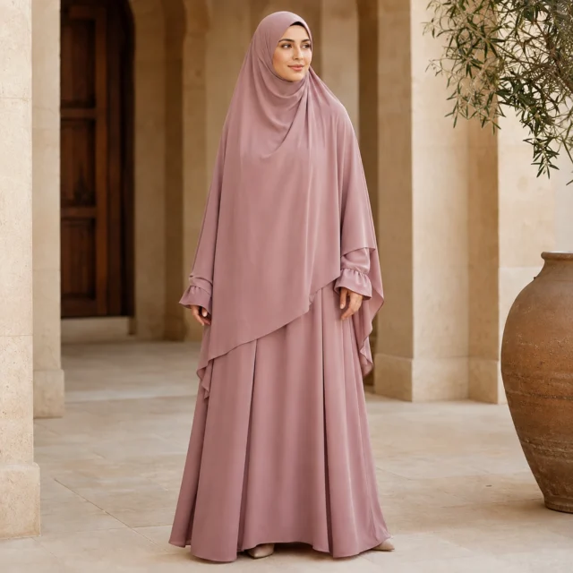 ZAVRYNE Rima – Zweiteiliges Khimar-Abaya Set in Altrosa