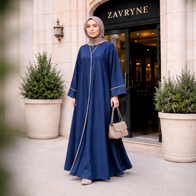 ZAVRYNE Ruba – Modest Abaya-Mantel mit Kontrastpaspel in Schieferblau