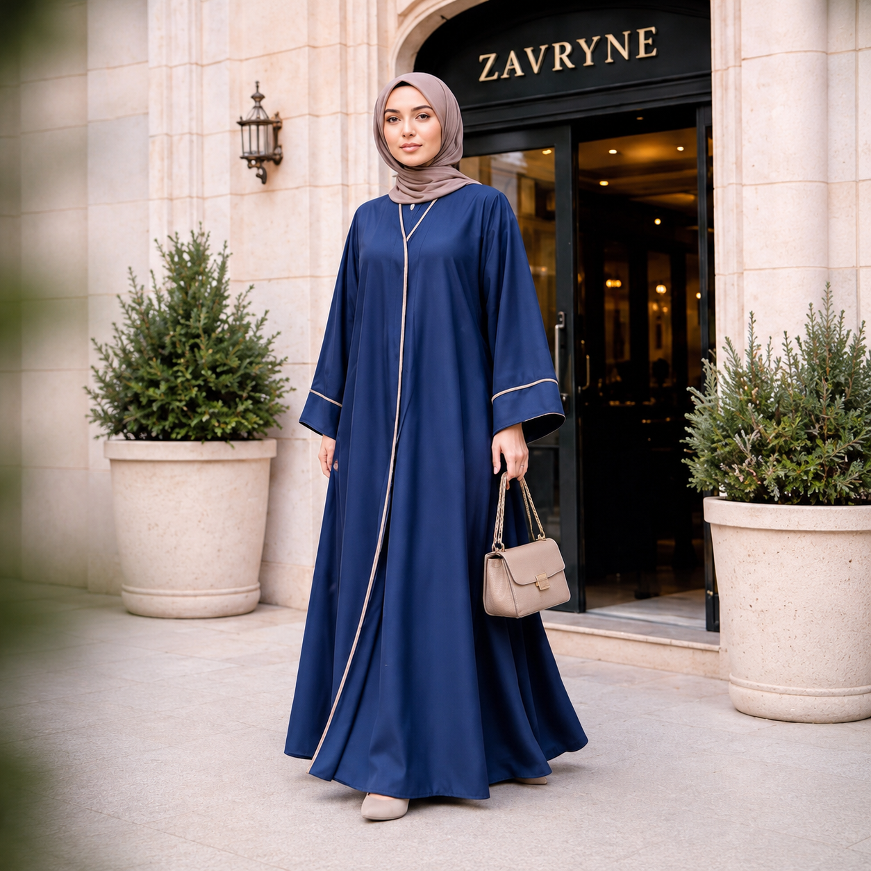 ZAVRYNE Ruba – Modest Abaya-Mantel mit Kontrastpaspel in Schieferblau