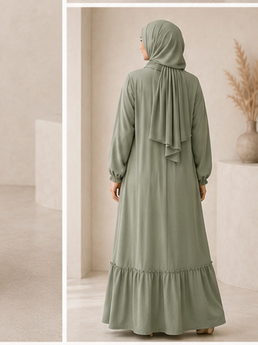 Rüschen Still-Abaya – Sage – Detailansicht | ZAVRYNE Deutschland