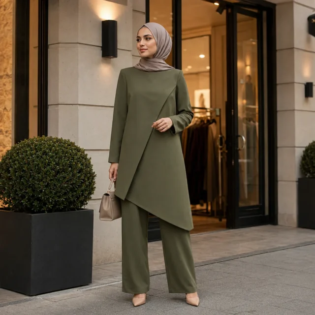 ZAVRYNE Safiya – Modest Wrap-Tunika-Zweiteiler in Oliv