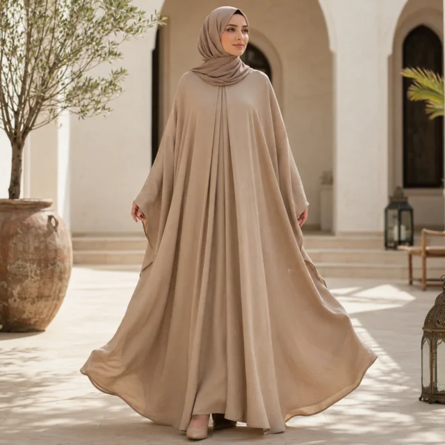ZAVRYNE Sahra – Butterfly Abaya mit Frontfalten in Sandbeige