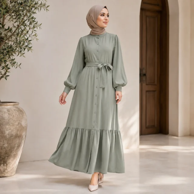 ZAVRYNE Selma – Modest Maxikleid mit Rüschen in Salbeigrün