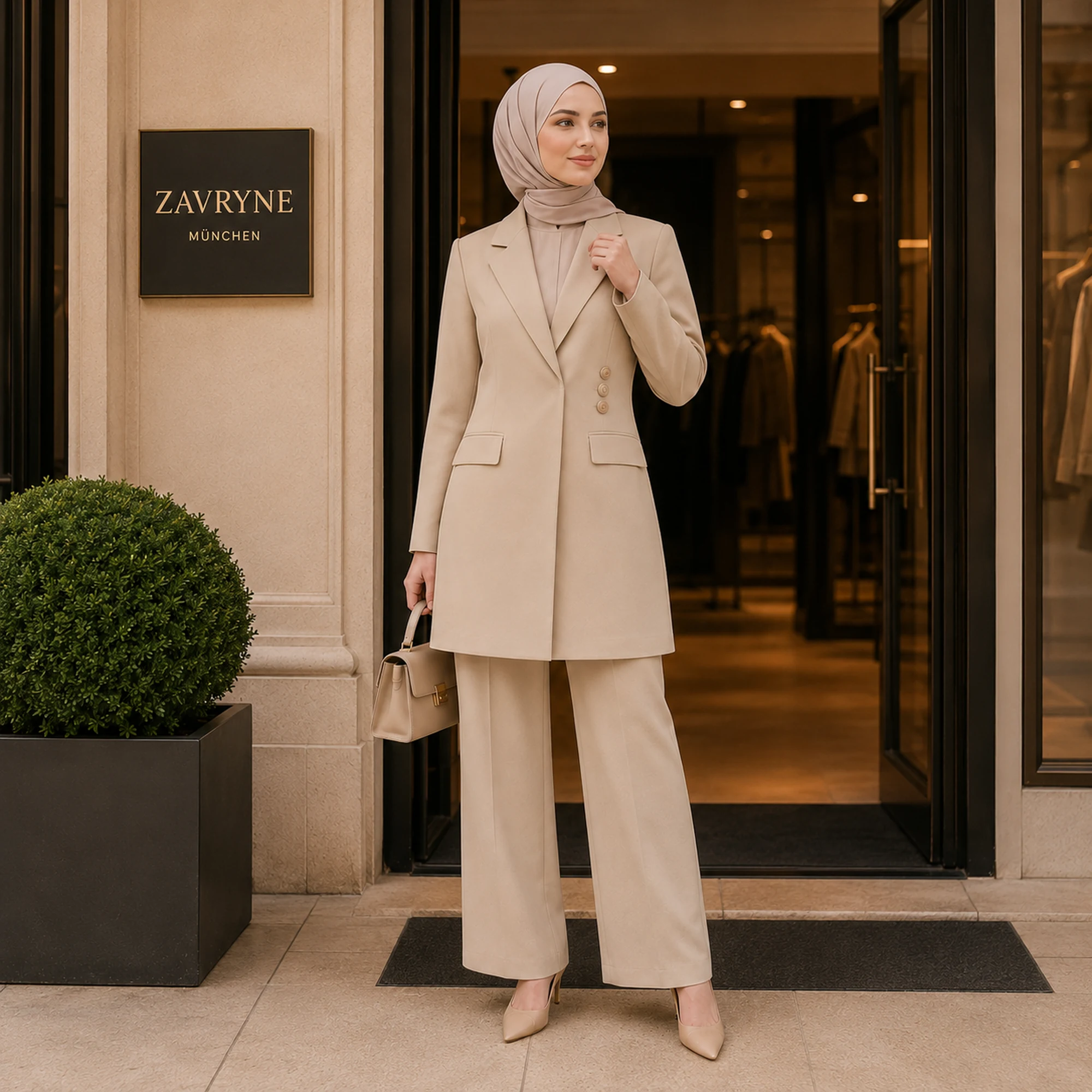 ZAVRYNE Soraya – Eleganter Longblazer-Zweiteiler in Sandbeige