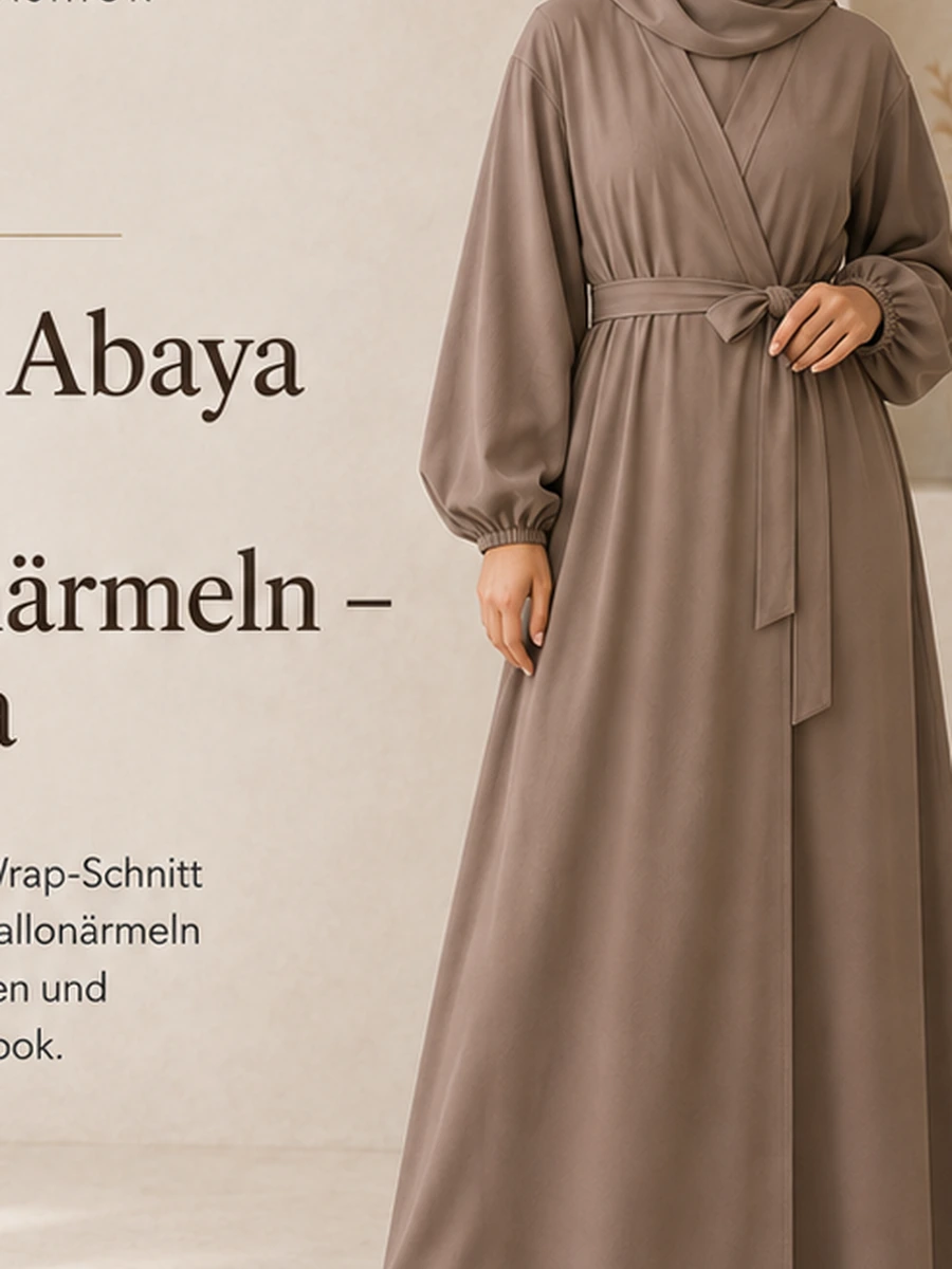 Wrap Abaya mit Ballonärmeln – Mocca – Vorderansicht | ZAVRYNE Deutschland